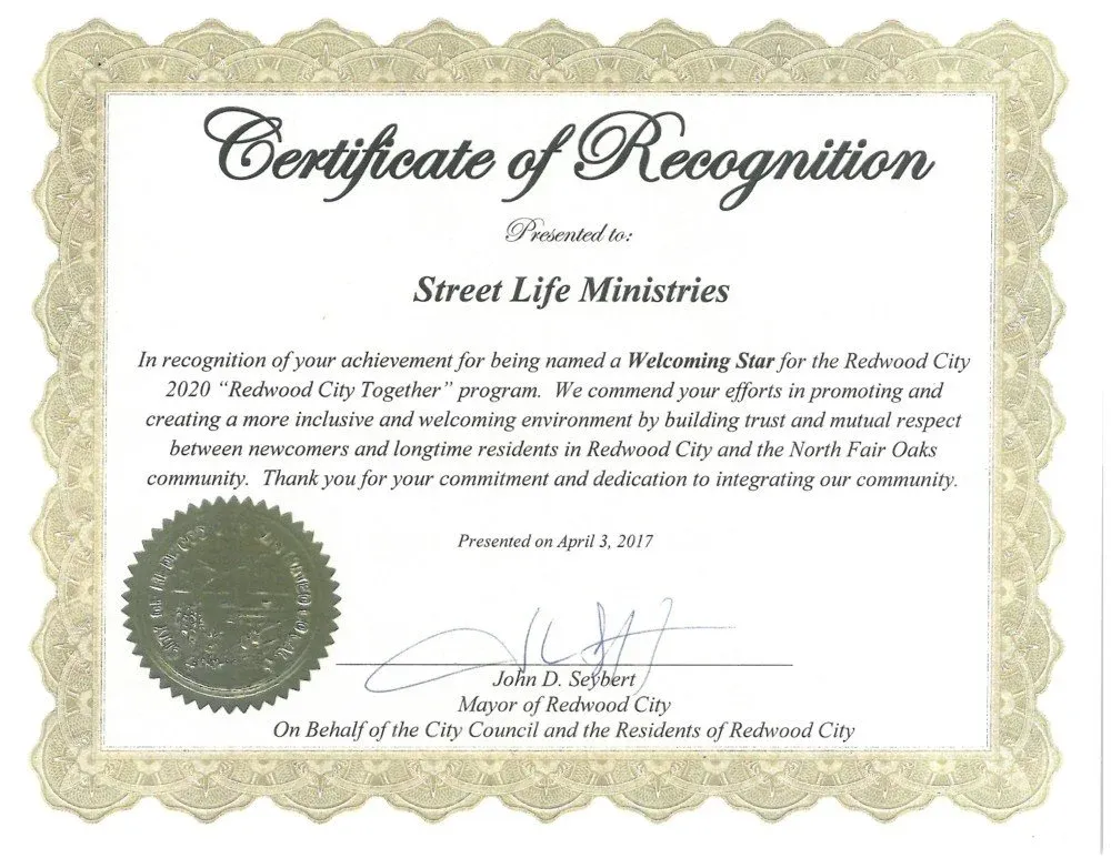 Redwood City Recognizes Street Life Ministry