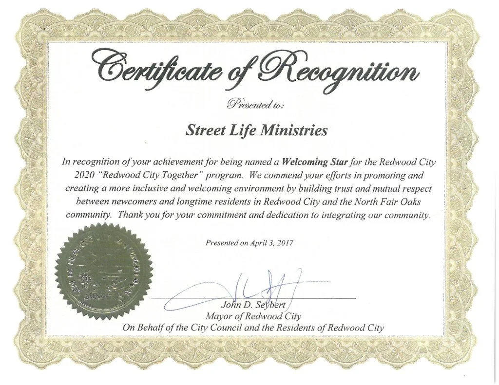 Redwood City Recognizes Street Life Ministry